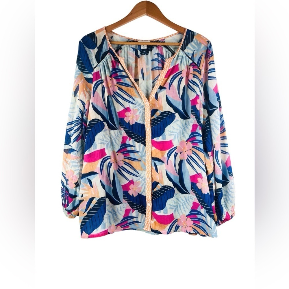 Sundance Multicolor Jungle Floral V Neck Long Sleeve Cotton Button Up Top XL